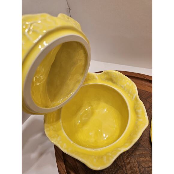 2 Secla Portugal Pottery Cabbage‎ Leaf Yellow Soup Bowl+ Lid Condiment VTG Majol - Picture 12 of 12